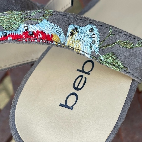 💋Bebe Gray Embroidered Floral Ankle Strap Faux Suede Open Toe Heels - Picture 15 of 15